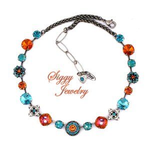 Fiamma Vita Austrian Crystal Flower Necklace Orange and Teal, Antique silver